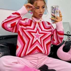 Mock neck star pattern drop shoulder sweater